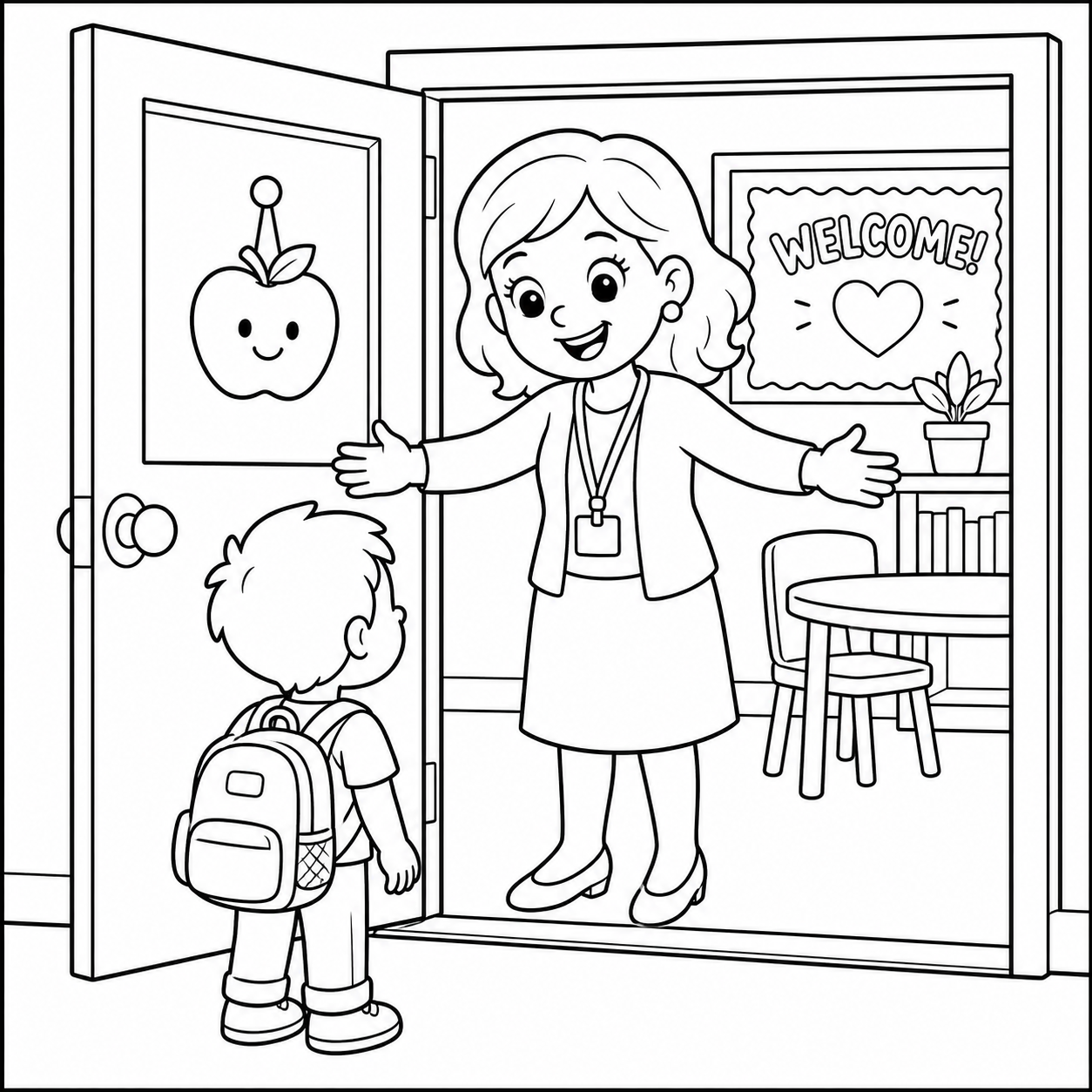 Teacher Welcoming Students at the Door coloring page showing a warm teacher greeting a child with backpack